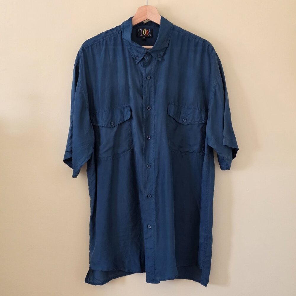 Vtg Stone Silks Shirt Mens L Teal SS Lightweight Button Down Pockets Boho Retro - Picture 12 of 13